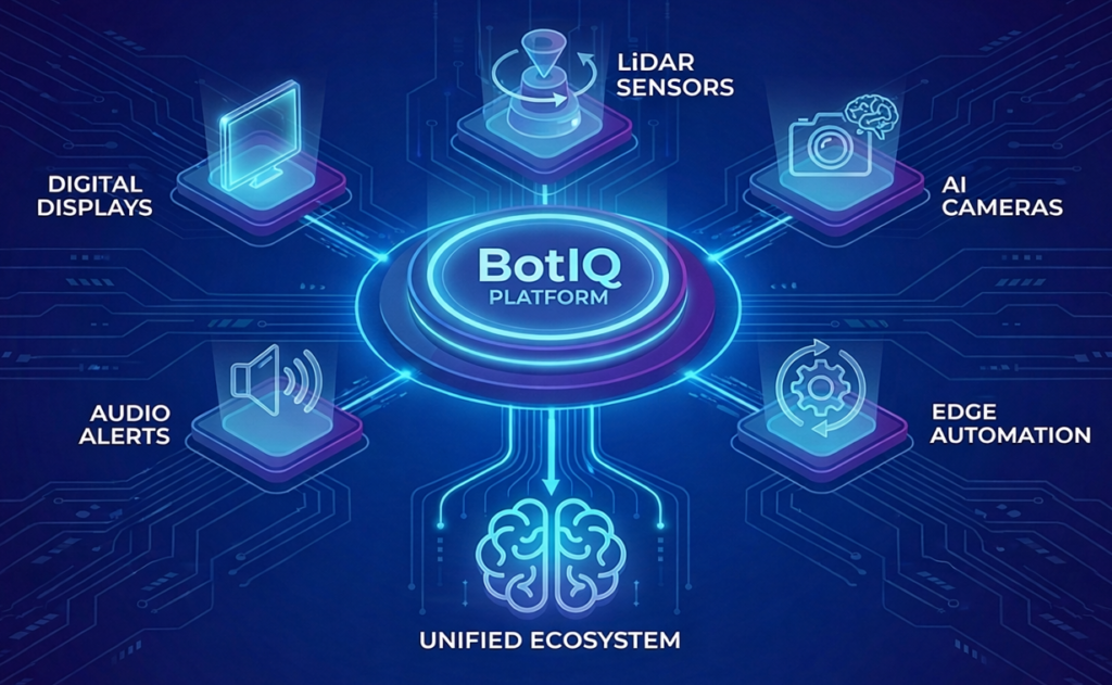 Unified AI platform connecting digital displays, LiDAR sensors, AI cameras, and edge automation