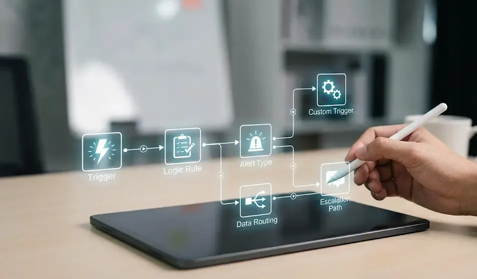 Diagram illustrating fully customizable automation workflows with triggers, alert types, data routing, and escalation paths