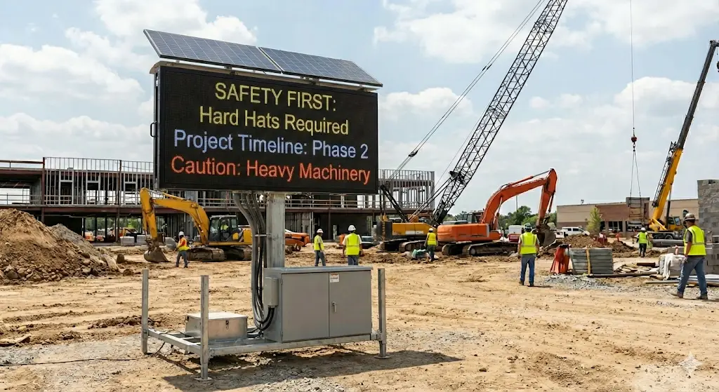 Solar-powered dynamic digital display showing real-time safety messages and project updates at an active construction site