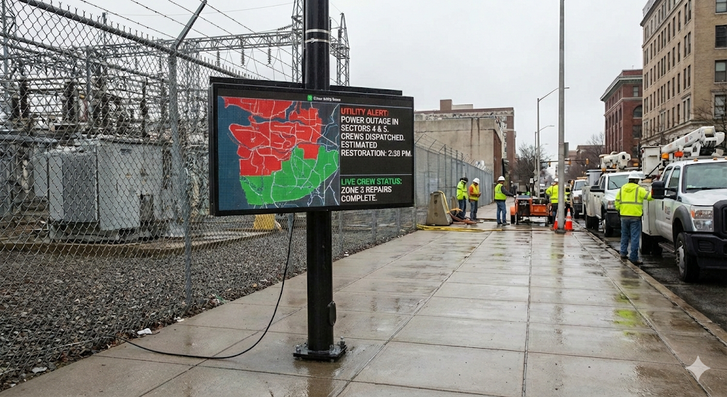 Dynamic digital display providing real-time utility outage alerts, restoration timelines, and crew status updates in an urban environment