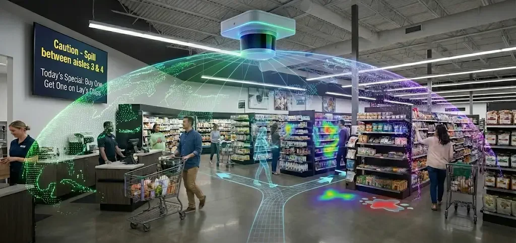 LiDAR and AI-powered spatial awareness system analyzing movement and behavior in a retail setting