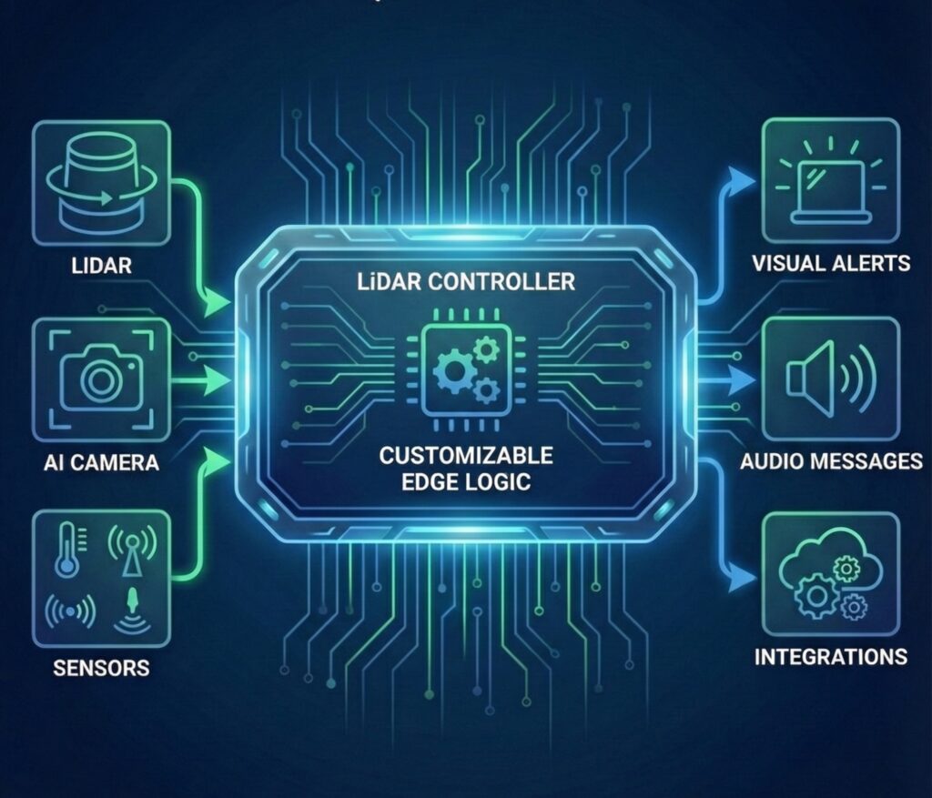 Diagram of the BotIQ LiDAR Controller showing customizable edge logic integrating LiDAR, AI cameras, sensors, and real-time visual and audio alerts