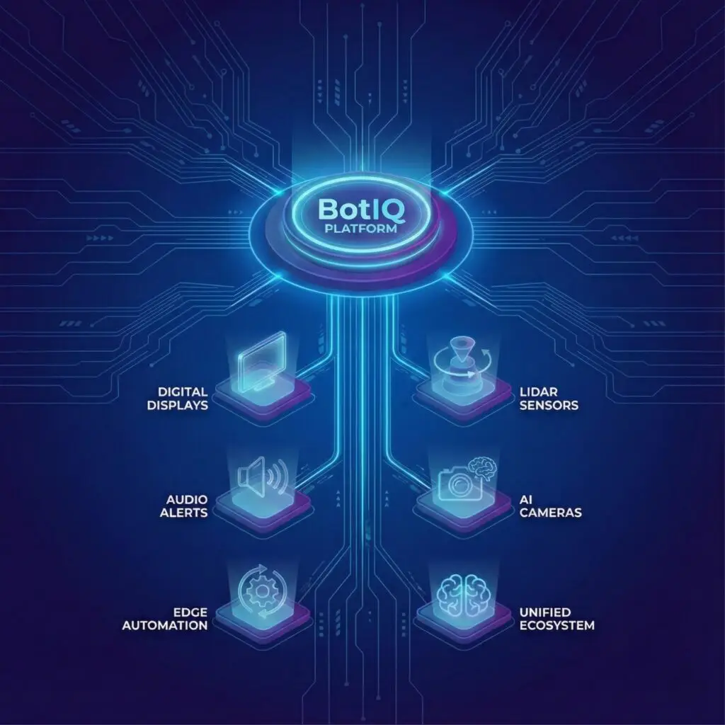 Diagram of BotIQ platform integrating digital displays, LiDAR sensors, AI cameras, audio alerts, and edge automation