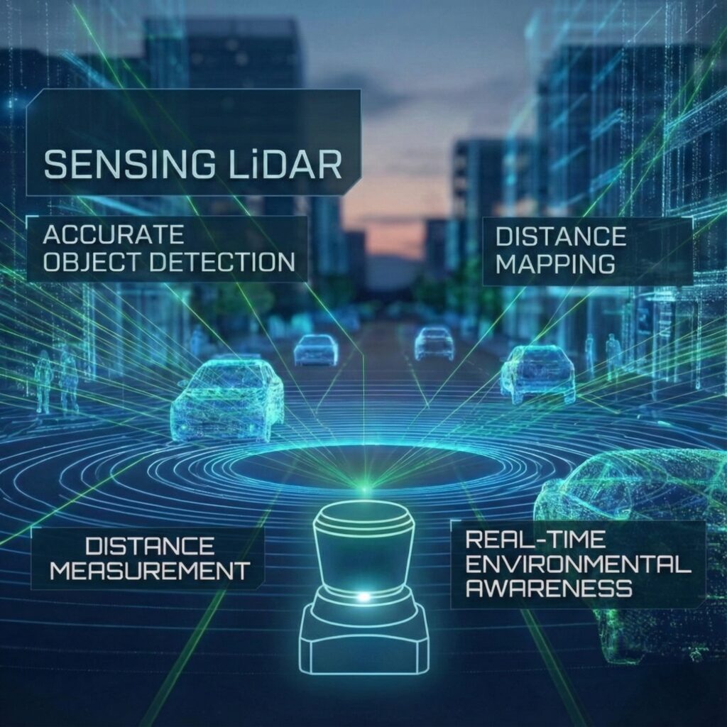 Illustration of precision LiDAR sensing showing real-time object detection, distance measurement, and 3D environmental mapping for automated decision-making